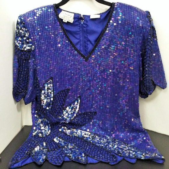Vintage 80s Stenay India Silk Sequin Blouse Beaded Top Ladies-M Flower Leaf Blue - Picture 1 of 12